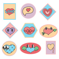 sticker Hearts Set. Doodle Style. Collection of Design elements for postcards, stories, Wedding and Valentine day invitation and greeting cards design