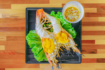 popular Thai food dish of charcoal grilled giant freshwater prawn
