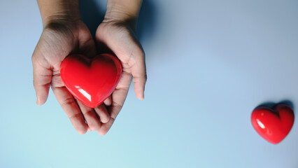 Hands holding red heart, Health care, Self love, Organ donation, Family insurance, World heart day, World health day
