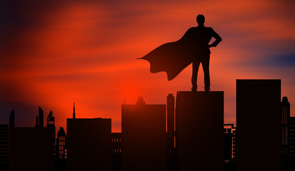 Superhero Man Standing  on  Graph Stairs in Front of Great Cityscape At sunset. Young Business man...