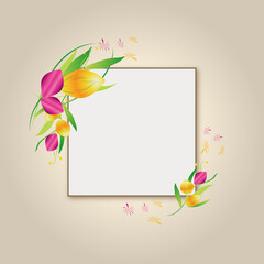 Spring greeting card with tulips beige background
