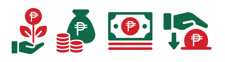 Peso money currency icon. Money icon set in flat style. Money bag, coins and pesos symbol - obrazy, fototapety, plakaty