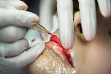 Professional permanent makeup procedure - lip blushing