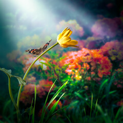 Butterfly sitting on yellow ficaria Flower in Fantasy magical garden in enchanted fairy tale dreamy...