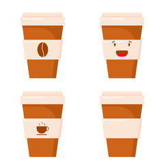 A set of coffee cups in the flat style. Coffee cup with a label, with a grain of coffee, with a cup, with a cheerful face.