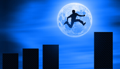 Man Jumping On Graph in front of the Moon. Businessman Jumps to higher Stair At Night Sky. Business Growth and Ambition Person Concept  