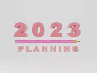 New year’s 2023 with pencil. Goal planning and strategy business concept, 3d rendering illustration
