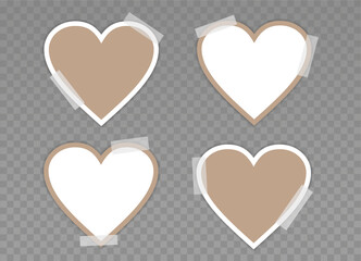 Set of hearts with sticky tape. Mockup for your design. Empty Beige and white hearts with a frame. Holiday card, banner, poster. Blank template isolated on a transparent. Vector EPS10.