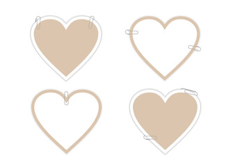 Set of hearts with metal paper clips. Mockup for your design. Empty Beige and white hearts with a frame. Holiday card, banner, poster. Blank template isolated on a transparent. Vector EPS10.