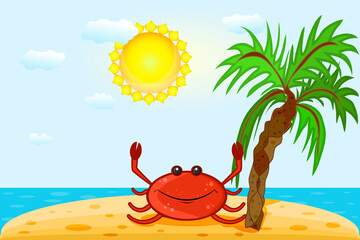 Red crab on beach. Summer seashore with cute smiling crab, island, palm, sea and sunny sky. Landscape with ocean coast, seaside sand, sky and sun. Funny cartoon crab vacation.Stock vector illustration - obrazy, fototapety, plakaty
