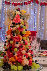Fototapeta na wymiar Christmas tree fruit salad with melon,blueberry, grape and watermelon
