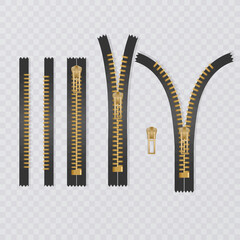 Opening and closed zipper and its parts - multicolor metal fabric fastener, Vector format