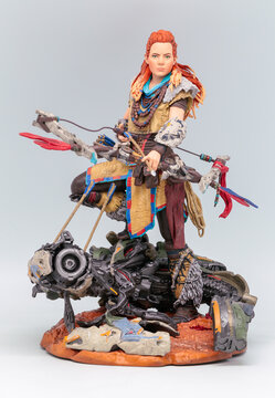 April 24,2017: "Aloy" the Heroine of the Guerrilla Game "Horizon Zero Dawn" exclusive for Sony Playstation. Ready to take some loot. This statue is from the collectors edition of the game.