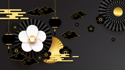 realistic chinese new year paper style black gold chinese design background