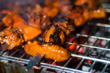 Delicious Grilled Tandoori of Assorted Meats over Charcoal and hot grill on Skewers