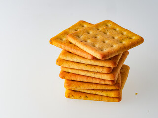 Dry cracker cookies isolated on white background, concept of food