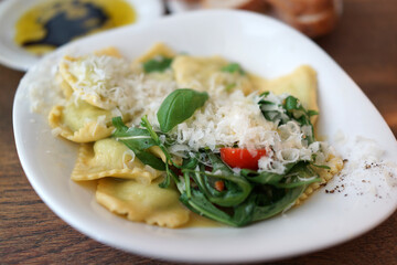 Italian ravioli pasta with meat, spinach and cheese.