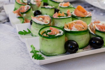Party Brunch table setting with Food Meat Vegetables