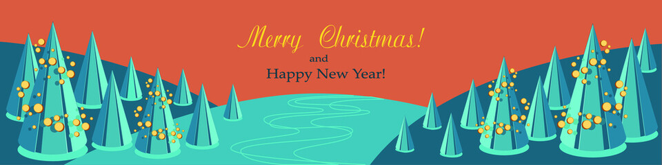 Christmas forest in the hills of the north. Beautiful New Year's illustration. Congratulatory banner Merry Christmas. Christmas holiday greeting card.