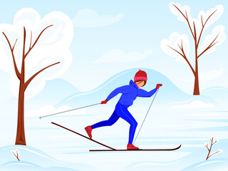 A young girl goes skiing in winter landscape. Vector illustration cartoonish style of winter sport. winter outdoor activity illustration concept