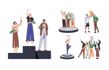 Winners with gold cups and medals on pedestals set. People champions with trophies, awards after winning completion. Business victory concept. Flat vector illustration isolated on white background