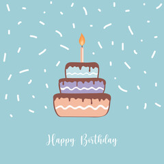 happy birthday greeting card with cake and confetti