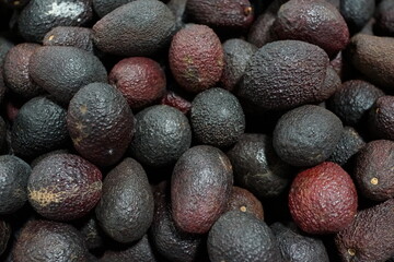 Heap of fresh ripe avocado selling on a market stall.