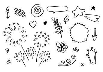 Hand drawn set elements, black on white background. Arrow, heart, love, star, leaf, sun, light, flower, crown, king, queen,Swishes, swoops, emphasis ,swirl, heart, for concept design.