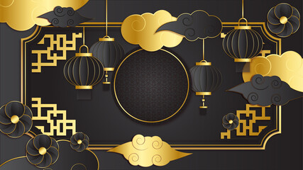 hanging lantern paper style black gold chinese design background