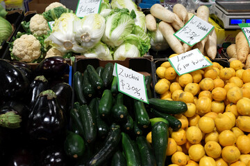 Fresh vegetables and fruits selling on farmer market stall in Sydney