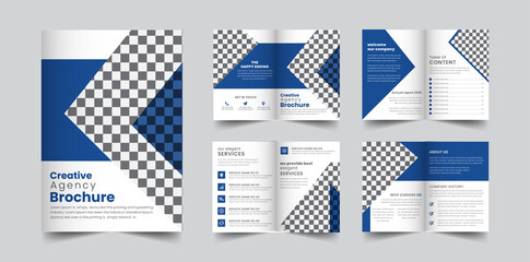 Minimal & clean geometric design of 8-page  template for brochure, flyer, magazine, catalog or company report. 
A4 size,8 pages business company profile brochure 