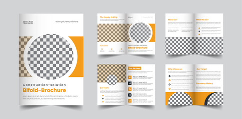 construction company 8 page brochure with geometric yellow and blue color shapes template