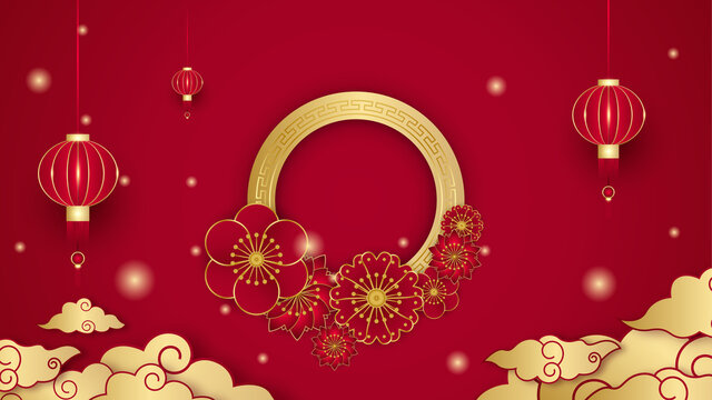 Happy Chinese new year 2022. Year of Tiger character with asian elements and flower with craft style on background. Universal Chinese background with red and gold color theme