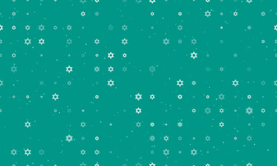 Seamless background pattern of evenly spaced white star of David symbols of different sizes and opacity. Vector illustration on teal background with stars