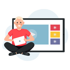 Young man working on tablet. Digital internet television, web videos player or social media live stream. Online education, webinar, online meeting, social distancing. Vector illustration.