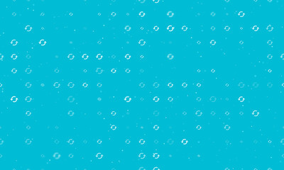Naklejka na ściany i meble Seamless background pattern of evenly spaced white refresh symbols of different sizes and opacity. Vector illustration on cyan background with stars