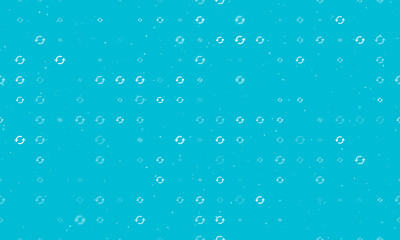 Seamless background pattern of evenly spaced white refresh symbols of different sizes and opacity. Vector illustration on cyan background with stars