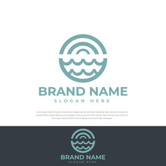 Ocean Wave and Vintage Sun Circling Logo. Flat Vector Logo Design Template Elements.symbol,icon design