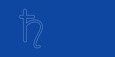 A large white outline astrological saturn symbol on the left. Designed as thin white lines. Vector illustration on blue background