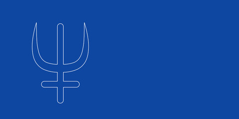 A large white outline astrological neptune symbol on the left. Designed as thin white lines. Vector illustration on blue background