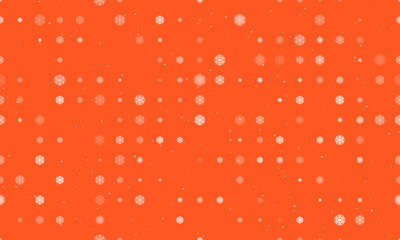 Seamless background pattern of evenly spaced white snowflake symbols of different sizes and opacity. Vector illustration on deep orange background with stars