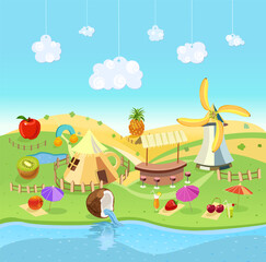 Fruit village with river and beach and mill. Rural landscape of a fictional country. Fruit. Vector illustration