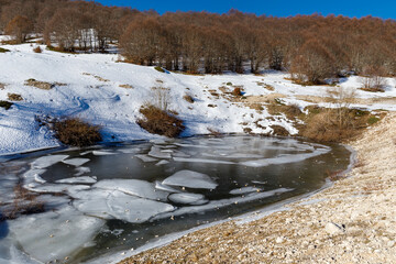 Frozen pond in the cold winter of the snowy mountain. On a sunny winter day.