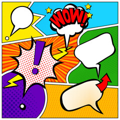 Detailed vector illustration of a typical American comic book page with various speech bubbles, symbols, sound effects and color halftones.