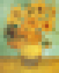 Abstract  still life drawing in Pixel art, stylization of painting Sunflowers, Van Gogh, fashion concept, vector illustration