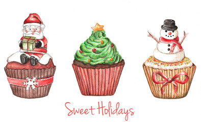 Hand-drawn watercolor illustration of a set of festive cupcakes (Santa Claus, Christmas tree ans snowman) with an inscription. Idea for posters, postcards, etc.