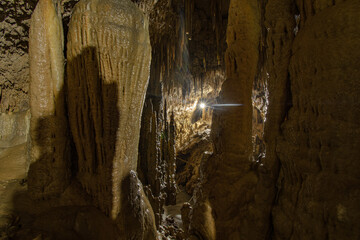 Cave stalactites, stalagmites, and other formations at King Marcos Caverns, Alta Verapaz, Guatemala, Central America.
