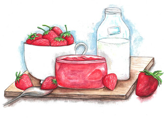Hand-drawn watercolor still life illustration. Tray with a bottle of milk, strawberries and strawberry jam. Breakfast theme.