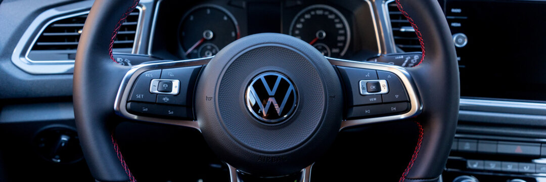 Panoramic view of the VW T-Roc steering wheel. October 30.2021 Torgau Germany
