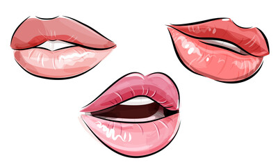 Woman's lips with different lipstick. Girl's portrait. Hand drawn modern fashion vector illustration of beautiful female mouths with perfect makeup. Beauty sketch for cosmetics design. - obrazy, fototapety, plakaty